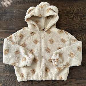 Shein Kawaii Teddy Bear Hooded Cream Fleece Jacket with Ears, Size Small